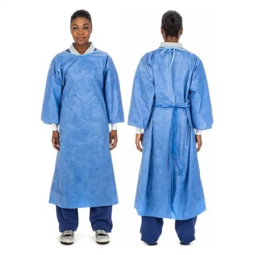 Cardinal Health - 8200CG - Med Poly Coated SMS Knit Cuff Chemtherapy Isolation Gown, Blue, Universal. Lightweight, closed back design, secured with ties, low linting material, long sleeves with knit cuffs.