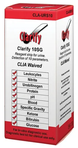 Clarity Diagnostics - CLA-URS10 - Clarify Urine Reagent Strips, 10SG, CLIA Waived, Visual Read Only, Tests for: Leukocytes, Nitrite, Urobilinogen, Protein, pH, Blood, Specific Gravity, Ketone, Bilirubin, & Glucose