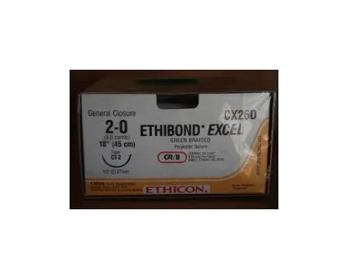 J & J Healthcare Systems - Ethibond - CX26D - Nonabsorbable Suture With Needle Ethibond Polyester Ct-2 1/2 Circle Taper Point Needle Size 2 - 0 Braided