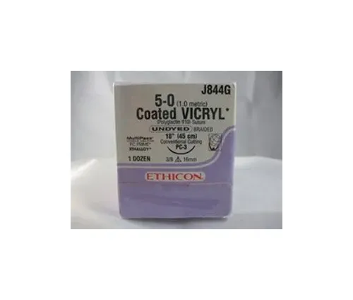 J & J Healthcare Systems - Coated Vicryl - J844G - Absorbable Suture With Needle Coated Vicryl Polyglactin 910 Pc-3 3/8 Circle Precision Conventional Cutting Needle Size 5 - 0 Braided