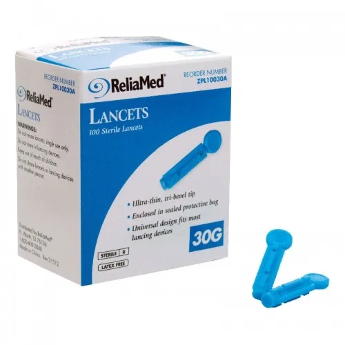 Cardinal Health - From: L10028A To: L10030A - Med Essentials Universal Lancet 30G (100 count), ultra thin tri bevel tip. Enclosed in a sealed bag,  Blue, sterile, single use.  Universal design fits most lancing devices. 100/box.