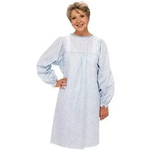 Salk - From: 535BM To: 535LPY  The LadyLace fashion gown, blue marble. Wrap around design with snap closures, features lace yolk, puckered sleeves and fitted bustline.