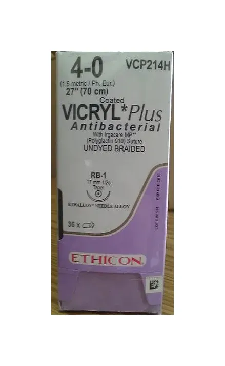 Ethicon Suture - VCP214H - ETHICON VICRYL PLUS COATED ANTIBACTERIAL SUTURE TAPER POINT SIZE 40 27" UNDYED BRAIDED 3DZ/BX